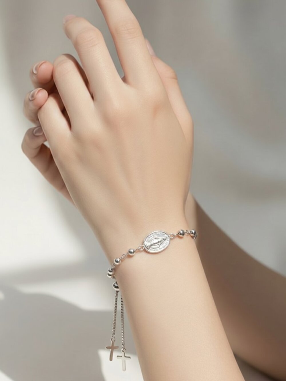 NEW Sterling Silver decade rosary prayer bracelet with Cross charm